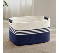 SunNewt 72L Large Laundry Basket with Leather Handles for Living Room Storage, Woven Rope Baskets Bin for Blanket, Kids Toy, Gifts, Wicker Hamper for Bedroom Dirty Clothes, 22"x17"x12" White Navy