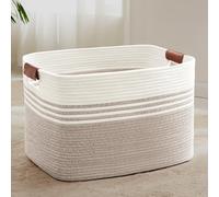 SunNewt 86L Extra Large Laundry Basket with Leather Handles for Living Room Storage, Woven Rope Baskets for Blanket, Kids Toy, Gifts, Wicker Hamper for Bedroom Dirty Clothes, 24"x16"x14" White Brown