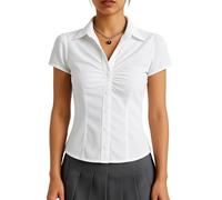 SUNNOW Women's Pleated Bust Button Down Shirt Tie Back Fitted Short Sleeve Blouse Casual Tops, White, XL
