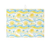 Sunny Beach Dish Drying Mats for Kitchen Counter, Yellow Ocean Waves Nautical Absorbent Dish Rack Mat, Summer Coastal Microfiber Drying Pad 18x24 Inch
