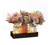 SUNNY BROOK 3PCS Artificial Fall Flowers in Mason Jars with Rustic Wood Tray - Pink & Brown Fake Rose Floral Centerpiece, Faux Flower for Farmhouse Autumn Decor Kitchen, Coffee Table, Tiered Tray
