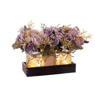 SUNNY BROOK 3PCS Artificial Fall Flowers in Mason Jars with Rustic Wood Tray - Purple Fake Rose Floral Centerpiece, Silk Faux Flower for Farmhouse Autumn Decor Kitchen, Coffee Table, Tiered Tray