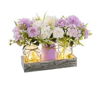 SUNNY BROOK 3PCS Artificial Spring Flowers in Mason Jars with Rustic Wood Tray, Fake Floral Centerpiece, Faux Silk Rose for Farmhouse Home Spring Décor Kitchen Coffee Table Arrangement, Purple & White