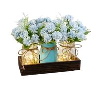SUNNY BROOK 3PCS Artificial Spring Flowers in Mason Jars with Rustic Wood Tray, Fake Floral Centerpiece, Faux Silk Hydrangea for Farmhouse Home Spring Décor Kitchen Coffee Table Arrangement, Blue