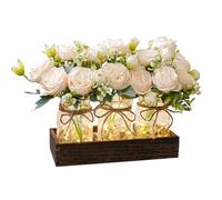 SUNNY BROOK 3PCS Artificial Spring Flowers in Mason Jars with Rustic Wood Tray, Fake Floral Centerpiece, Faux Silk Peony for Farmhouse Home Spring Décor Kitchen Coffee Table Arrangement, Champagne