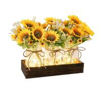 SUNNY BROOK 3PCS Artificial Spring Sunflowers in Mason Jars with Rustic Wood Tray, Fake Floral Centerpiece, Faux Silk Flower for Farmhouse Home Spring Décor Kitchen Coffee Table Arrangement, Yellow