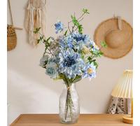 SUNNY BROOK Artificial Flowers in Clear Vase, Spring Fake Rose & Dahlia Floral Bouquet with Pot, Spring Faux Flower Arrangement for Home Spring Décor Dining Coffee Table Centerpiece Decor, Blue