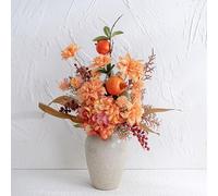 SUNNY BROOK Artificial Hydrangea with Vase, Orange Silk Fake Flowers with Pomegranate Berries, Faux Flower in Vase, Arrangement for Home Autumn Décor Dining Table Decorations Coffee Table Décor