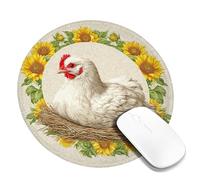 Sunny Chicken Nest Mouse Pad, White Hen with Sunflowers Design, Rubber Non-Slip Washable Gaming Mousepad for Home and Office Use Round 8x8 Inch