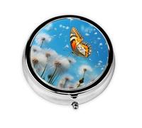 Sunny Dandelion Butterfly Round Pill Box with 3 Compartments, Mini Metal Pill Organizer for Purse or Pocket, Lightweight Portable for Daily Use Gifts Travel