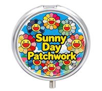 Sunny Day Patchwork Pill Box, 3 Compartment Small Pill Case, Metal Round Portable Storage Box Stores Vitamins, Medicines, Fish Oil and Supplements