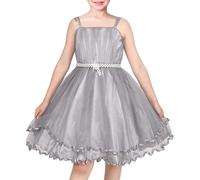 Sunny Fashion Flower Girls Dress Tulle Spaghetti Strap Pearl Ruffle Hem Formal Ball Gown Gray Age 3 Years