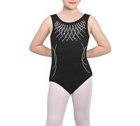 Sunny Fashion Girls Black Sparkle Rhinestone Metallic Bodysuit Leotard Ballet Yoga Gym Age 9-10 Years