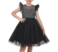 Sunny Fashion Girls Dress Black Diamond Lattice Mesh Ruffle Sleeve Casual Party Stage Performance Size 12 Years