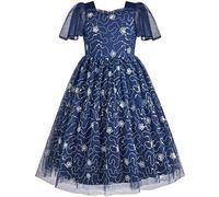 Sunny Fashion Girls Dress Blue Sequin Ruffle Collar Maxi Bow Tie Flare Short Sleeve Age 8 Years