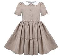 Sunny Fashion Girls Dress Brown White Collar Pearl Button Vintage Formal Short Sleeve Age 8 Years