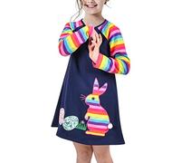 Sunny Fashion Girls Dress Easter Floral Egg Hunting Applique Rainbow Color Rabbit Long Sleeve Age 6 Years