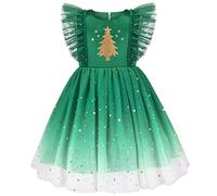 Sunny Fashion Girls Dress Green Christmas Tree Golden Star Glitter Party Pageant Ruffle Age 10 Years