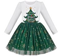 Sunny Fashion Girls Dress Green Christmas Tree Snowflake Holiday Tutu Long Sleeve Age 8 Years