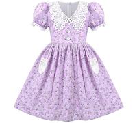 Sunny Fashion Girls Dress Purple Floral Lace Pocket Vintage Puff Sleeve Classic Retro Age 5 Years