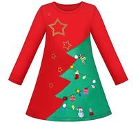 Sunny Fashion Girls Dress Red Green Tree Christmas Golden Star Snowman Gift Long Sleeve Age 6 Years