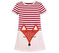 Sunny Fashion Girls Dress Round Neck Cotton Casual Fox Red Stripe Short Sleeve Age 5 Years
