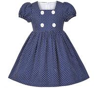 Sunny Fashion Girls Dress White Polka Dot Square Neck Button Puff Sleeve Vintage Age 7 Years