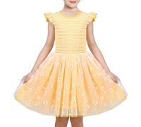 Sunny Fashion Girls Dress Yellow Striped Daisy Flower Ruffle Tulle Party Holiday Cotton Age 6 Years