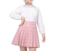 Sunny Fashion Girls Skirt Set White Shirt Pink Grid Plaid Pleated School Tennis Casual Age 9-10 Years