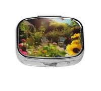 Sunny Garden Printed Square Pill Organizer with 2 Compartments, Portable Mini Pill Box Pill Case for Medicine, Vitamin, Fish Oil, Supplements