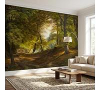 Sunny Graphics Print Forest Path Wallpaper Photo Mural Realistic Woodland Painting Wall Paper Green Trees Wall Art Nature-Inspired Room Decoration Wall Covering