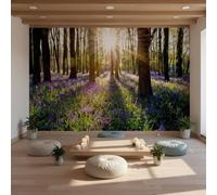 Sunny Graphics Print Forest Photo Wallpaper Mural, Sunlight Through Trees & Purple Lavender Flowers for Spa, Lounge, Indoor Garden Decoration Wall Covering