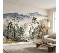 Sunny Graphics Print Misty Forest Photo Mural Nature Wallpaper Wall Covering of Watercolour Painting with Trees Stream Mountains Wall Art Home Office Decoration