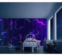 Sunny Graphics Print Neon Hexagon Pattern Photo Wallpaper Mural Pink Blue Futuristic Wall Design for Lounge Reading Room Studio Modern Decoration Wall Covering