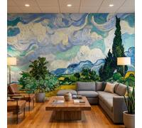 Sunny Graphics Print Van Gogh Wheat Field Photo Mural Printed Wallpaper Painting with Swirling Sky Trees Yellow Field Home Office Wall Covering Poster Decoration