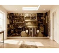 Sunny Graphics Print Vintage Garage Car Wallpaper Mural Photo Classic Retro Vehicle in Workshop Scene Wall Art for Lounge Studio Wall Covering Decoration Poste