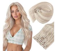 Sunny Hair Extensions Clip in Ash Blonde Highlight 22 Inch 120g 7 Piece | Remy, Double Weft, Real, Natural, Silky Straight, for Special Occasions, Soft and Easy to Blend, Comfortable for All-Day Wear