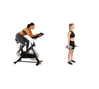 Sunny Health and Fitness Indoor Cycling Wheel W/Magnetic Belt Drive, 136kg Max Weight + Adjustable 15 KG Dumbbell Set W/Carry Case, Space Saver, Secure Quick-Lock, Anti-Slip Steel Handle