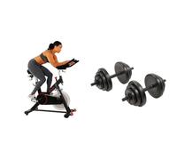 Sunny Health and Fitness Indoor Cycling Wheel W/Magnetic Belt Drive, 136kg Max Weight + Exercise Vinyl 18 KG Dumbbell Set Hand Weights for Strength Training, Weight Loss, Workout Bench