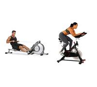 Sunny Health and Fitness Indoor Cycling Wheel W/Magnetic Belt Drive, 136kg Max Weight + Magnetic Rowing Machine, Folding Rower W/LCD Monitor and 8 Level Resistance