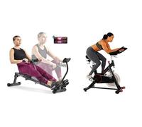 Sunny Health and Fitness Indoor Cycling Wheel W/Magnetic Belt Drive, 136kg Max Weight + Smart Compact Adjustable Rowing Machine, Adjustable Resistance, Complete Body home Workout