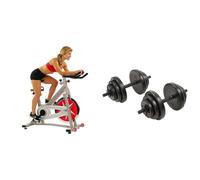 Sunny Health and Fitness Indoor Studio Cycle Pro Exercise Bike with 18 KG Flywheel + Exercise Vinyl 18 KG Dumbbell Set Hand Weights for Strength Training, Weight Loss, Workout Bench