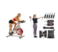 Sunny Health and Fitness Indoor Studio Cycle Pro Exercise Bike with 18 KG Flywheel + Premium Resistance Band Set With Door Anchors, Wrist Straps, Handles & Carry Bag