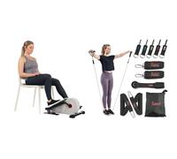 Sunny Health and Fitness Magnetic Under Desk Elliptical Peddler, Portable Mini with Resistance + Premium esistance Band Set With Door Anchors, Wrist Straps, Handles & Carry Bag