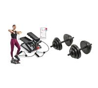 Sunny Health and Fitness Total Body Smart 2-in-1 Stepper Machine w/Resistance Bands + Exercise Vinyl 18 KG Dumbbell Set Hand Weights for Strength Training - NO.087