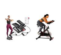 Sunny Health and Fitness Total Body Smart 2-in-1 Stepper Machine w/Resistance Bands + Indoor Cycling Wheel with Magnetic Belt Drive, 136kg Max Weight, Adjustable Saddle & Handlebar