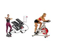 Sunny Health and Fitness Total Body Smart 2-in-1 Stepper Machine w/Resistance Bands + Indoor Studio Cycle Pro Exercise Bike with 18 KG Flywheel and Chain Drive