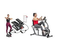 Sunny Health and Fitness Total Body Smart 2-in-1 Stepper Machine w/Resistance Bands + Magnetic Recumbent Bike, Stationary with LCD Monitor and Pulse Monitor, Cardio home Workout