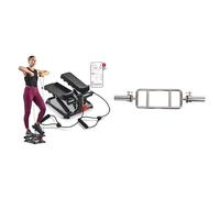 Sunny Health and Fitness Total Body Smart 2-in-1 Stepper Machine w/Resistance Bands + Olympic Triceps Bar with Ring Collars, Olympic Weight for Weightlifting and Bodybuilding