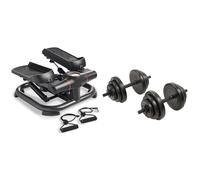 Sunny Health & Fitness 2-in-1 Premium Power Stepper with Resistance Bands + Exercise Vinyl 18 KG Dumbbell Set Hand Weights for Strength Training - NO.087